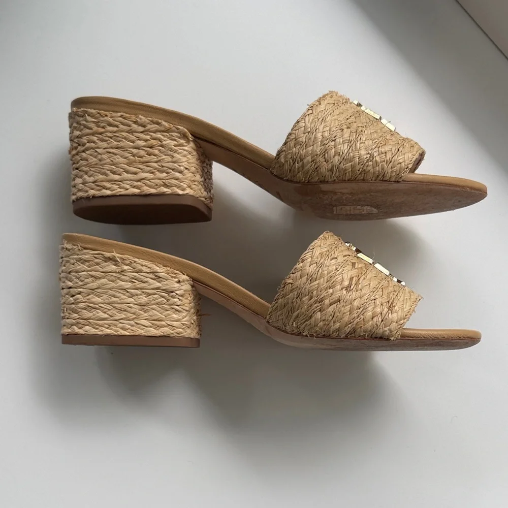 Tory Burch Everly Natural Raffia Slide Mules with Gold Logo